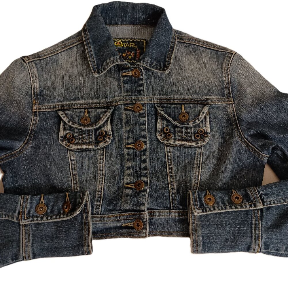 Star Jeans Jacket Y2K Cropped Denim Blue Button Pockets Women's Size S